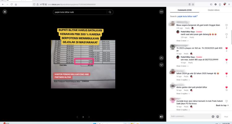 PBB Kabupaten Blitar Naik 300% Bukan Isu, Netizen Ungkap Pajak Naik Berkali-kali Lipat