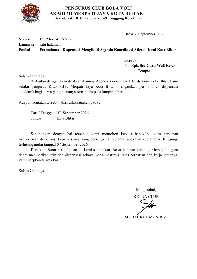 Surat Dispensasi Anak Sekolah Diajak Demo KONI Kota Blitar Senin 7 September 2026